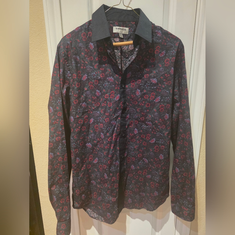 Express Men's Black Floral Button Down Shirt Small 14-14½